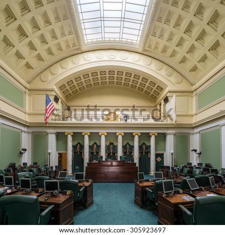 PROVIDENCE, RHODE ISLAND - JULY 24: Senate Chamber in the Rhode Island State House on Smith Street on July 24, 2015 in Providence, Rhode Island