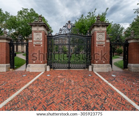 PROVIDENCE, RHODE ISLAND - JULY 24: Van Wickle gates (1901) on the campus of Brown University on July 24, 2015 in Providence, Rhode Island
