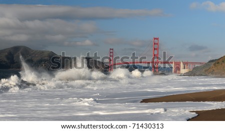 High waves on Baker Beach near the Golden Gate Bridge in San Francisco, California