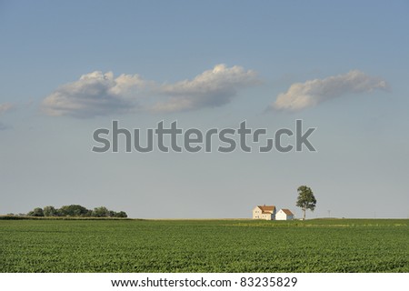 Isolated farm house under three soft clouds on a calm summer evening in rural Illinois