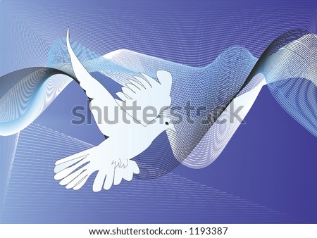 stock vector white dove peace symbol on a blue background with flowing 