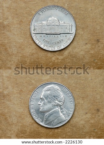 From series: coins of world. America. On background old book. FIVE CENTS.