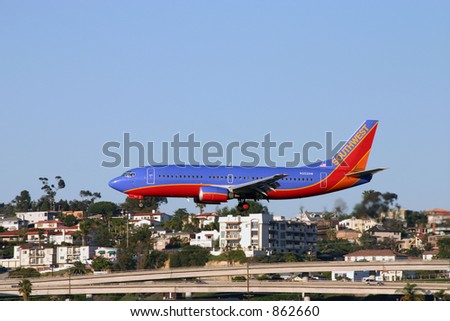 Southwest Airlines Boein 737-300 airplane landing in San Diego.