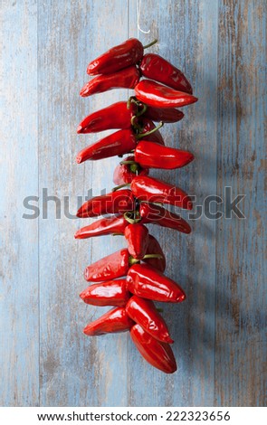 string of dried peppers hanging. Espelette. Basque Country. France. Europe
