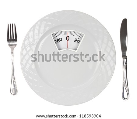 Diet menu. White plate with weight scale