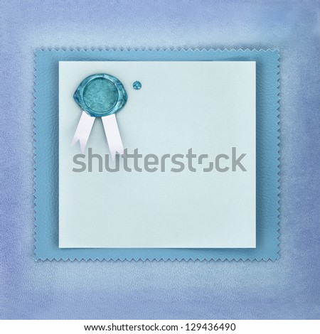 Greeting paper card with sealing wax stamp on blue background