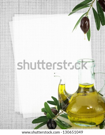 Recipe card. Bottle of olive oil on fabric texture