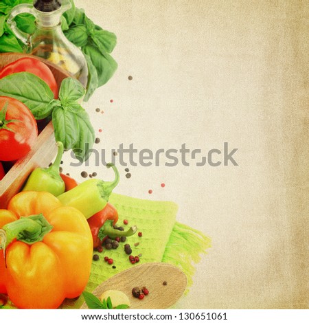 Recipe template. Fresh vegetables on fabric texture