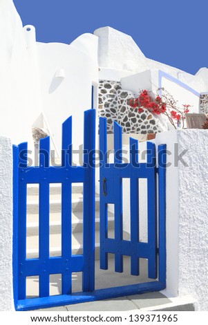 Open door in a typical Greek house of Santorini Island