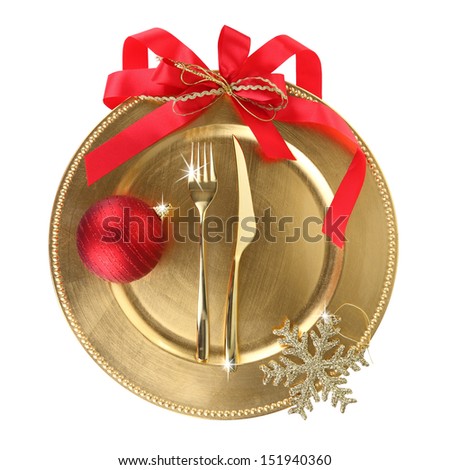 Golden Christmas plate isolated on white background