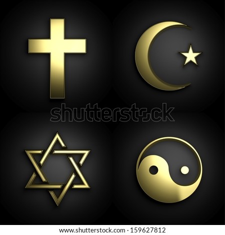 Religious symbols, 3D golden set on black background