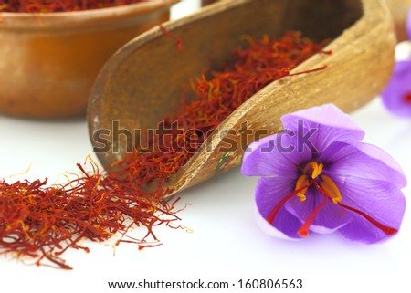 Dried saffron spice and Saffron flower
