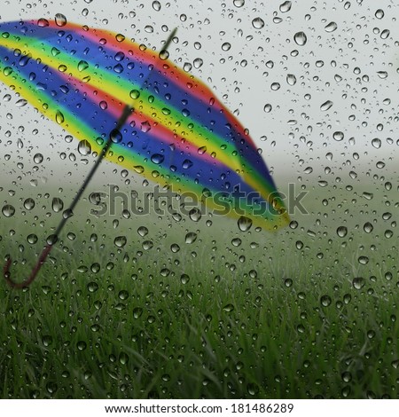 Wet glass with raindrops, green grass and colorful umbrella
