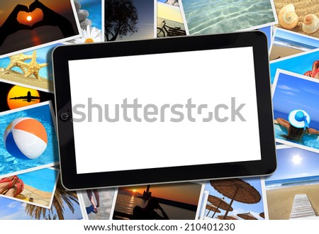 Collage with various summer travel photography and tablet