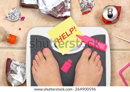 Feet on bathroom scale with word Help and junk food garbage