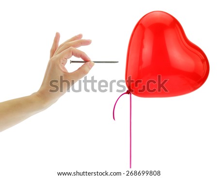 Nail about to pop a heart balloon isolated on white
