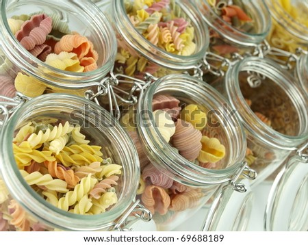 Glass jar filled with various pasta