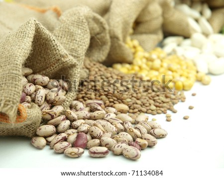 Burlap sacks with  legumes