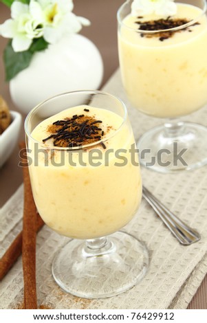 Glass with sweet vanilla pudding dessert