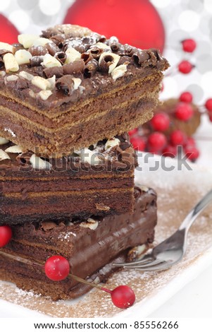 Slices of Christmas chocolate cake