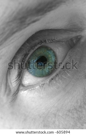 Selectively coloured close-up of a woman\'s right eye.  The eye is mainly blue, however, it is speckled with other colours as well, giving it a greenish tint.