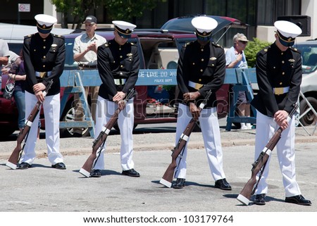 BROOKLYN, NY, MAY 20: United States Merchant Marine Academy\'s Color Guard and Drill Team  performs at the Sheepshead Bay\'s BayFest 2012 on May 20, 2012 in Brooklyn, New York. USA.