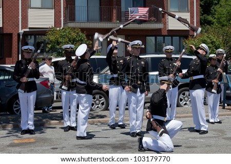 BROOKLYN, NY, MAY 20: United States Merchant Marine Academy\'s Color Guard and Drill Team  performs at the Sheepshead Bay\'s BayFest 2012 on May 20, 2012 in Brooklyn, New York. USA.