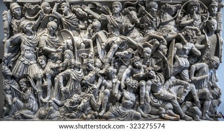 ROME, ITALY - JULY 30 2015: Ancient Roman Ludovisi Battle sarcophagus at Palazzo Altemps, dating to 260 AD, is known for its densely populated composition of the battle between Romans and Goths.