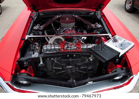 BROOKLYN, NEW YORK - JUNE 12: Ford Mustang\'s engine on display at the Antique Automobile Association of Brooklyn Dust Off Car Show on June 12, 2011 at Floyd Bennett Field in Brooklyn, New York, USA.
