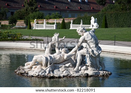 Sculptures in the fountain in the Belvedere Palace garden in Vienna, Austria