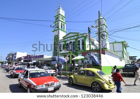LAS CHOAPAS, VERACRUZ, MEXICO - DECEMBER 28, 2012: The holidays bring heavier than usual traffic to downtown Las Choapas, Veracruz, Mexico on December 28, 2012