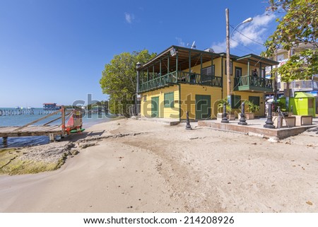 BOQUERON, PUERTO RICO, USA - JANUARY 17, 2014: A beautiful beach and turquoise bay can be enjoyed behind Los Remos restaurant in the beach town of Boqueron on Puerto Rico\'s west coast.