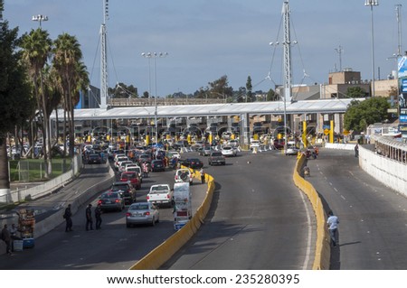 TIJUANA, MEXICO - NOVEMBER 13, 2014: The auto lanes at the Tijuana border crossing surprisingly have extremely short lines on this particular morning