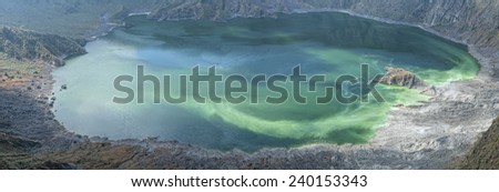 Panoramic of emerald green sulfur-rich water of lake in crater of active volcano El Chichon in Chiapas, Mexico on December 19, 2014