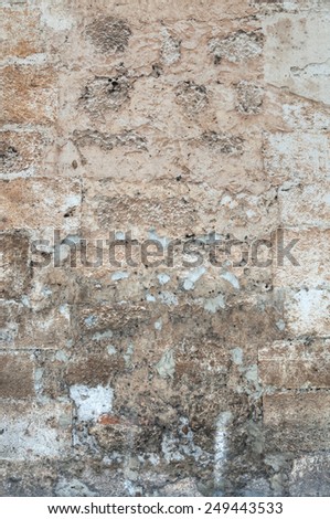 Closeup detail of rustic old brick wall of cathedral in Merida, Mexico