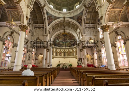 BOSTON, USA - JUNE 13, 2015: Saint Leonard Catholic church was the first Roman Catholic church in Boston and its ornate architecture is the product of work by Italian immigrants.