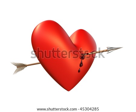 stock photo : A big, red heart is pierced by a wooden arrow and bleeding