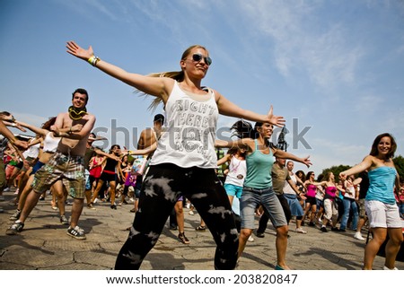 Budapest, Hungary - August 10th 2010: People dancing during a flash mob event at Sziget Festival