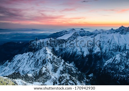 Beautiful sunrise in winter mountains landscape, Slovakia - High Tatras - Rysy