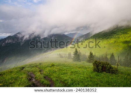 Mountain ridge covered in low clouds with beautiful rainbow right after quick summer storm, fresh nature
