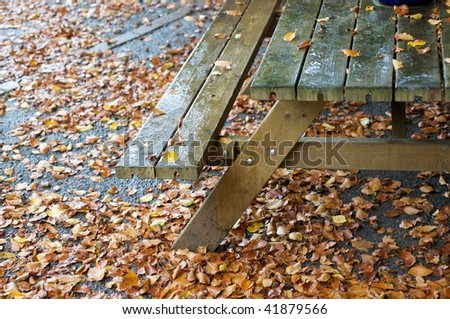Wet picnic table with leaves - Winter season for English Pub Garden