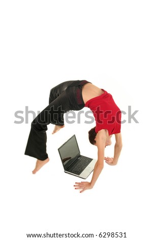 stock photo Woman bending over backwards and using laptop