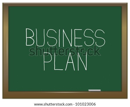 Illustration depicting a green chalkboard with the words \'business plan\'.