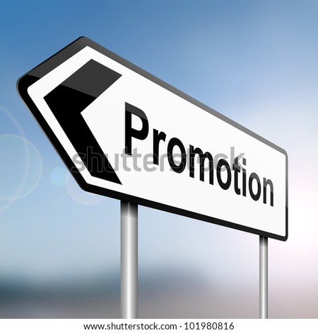 illustration depicting a sign post with directional arrow containing a job promotion concept. Blurred background.