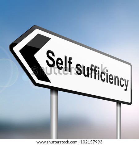 illustration depicting a sign post with directional arrow containing a self sufficiency concept. Blurred blue sky background.