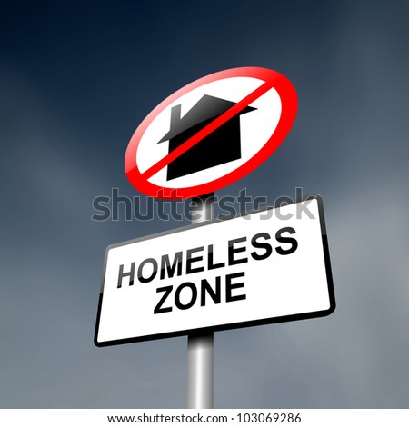 Illustration depicting a road traffic sign with a homeless concept. Dark sky background.
