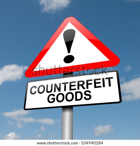 Illustration depicting a road traffic sign with a counterfeit goods concept. Blue sky background.