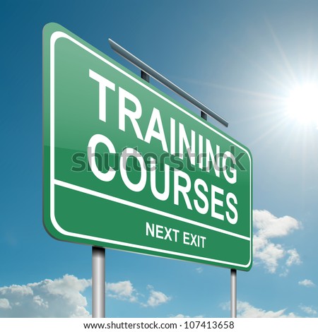 Illustration depicting a green roadsign with a training courses concept. Blue sky background.