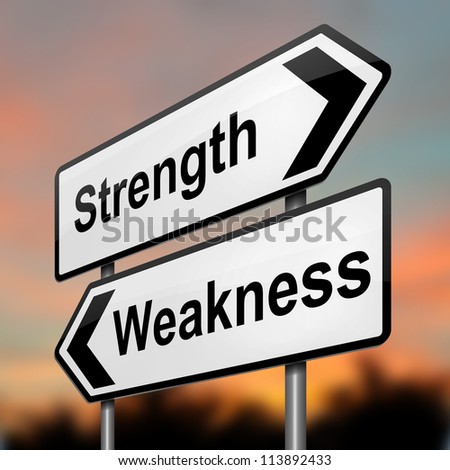 Illustration depicting a roadsign with a strength and weakness concept. Blurred dusk background.