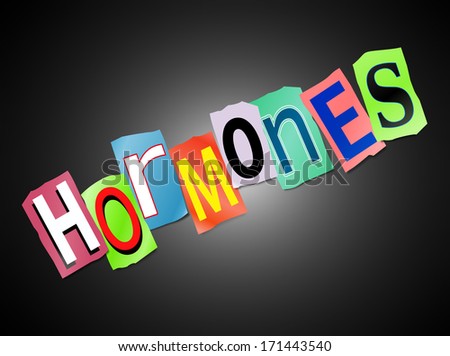 Illustration depicting a set of cut out printed letters arranged to form the word hormones.